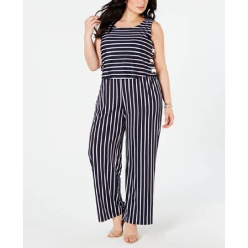 NY Collection Women's Plus Lace Up Striped Jumpsuit Blue Size 3XP