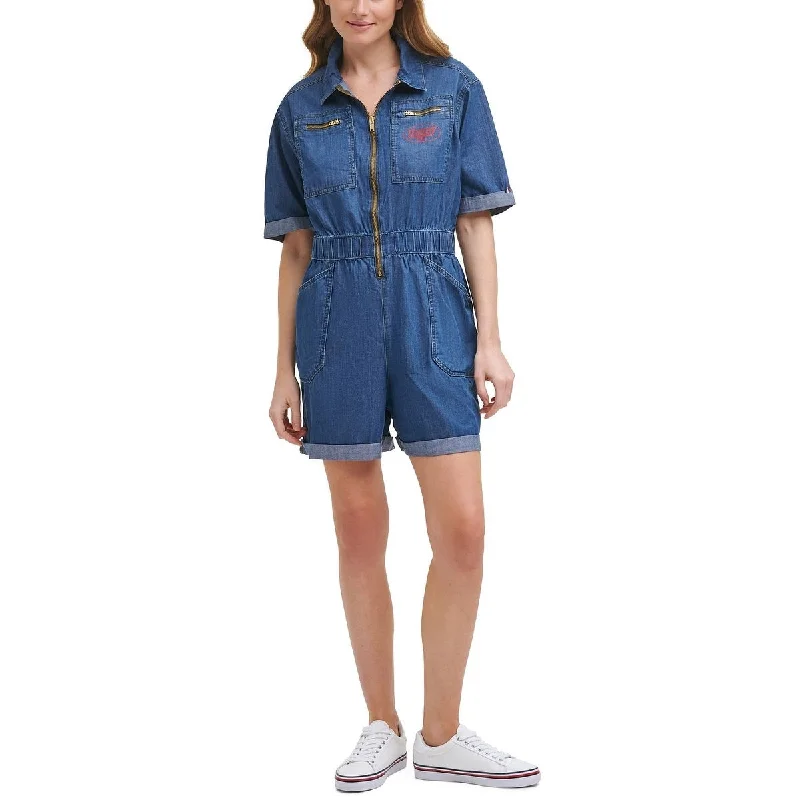 Tommy Jeans Women's Smocked Collared Romper Blue Size M