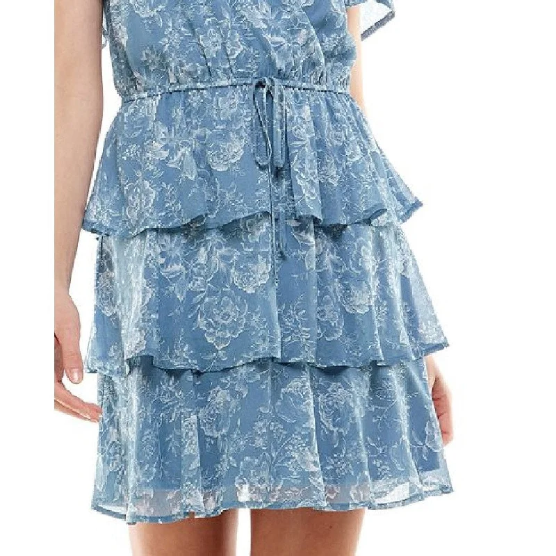 Trixxi Junior's Floral Print Flutter Sleeve Tiered Dress Blue Size X-Large