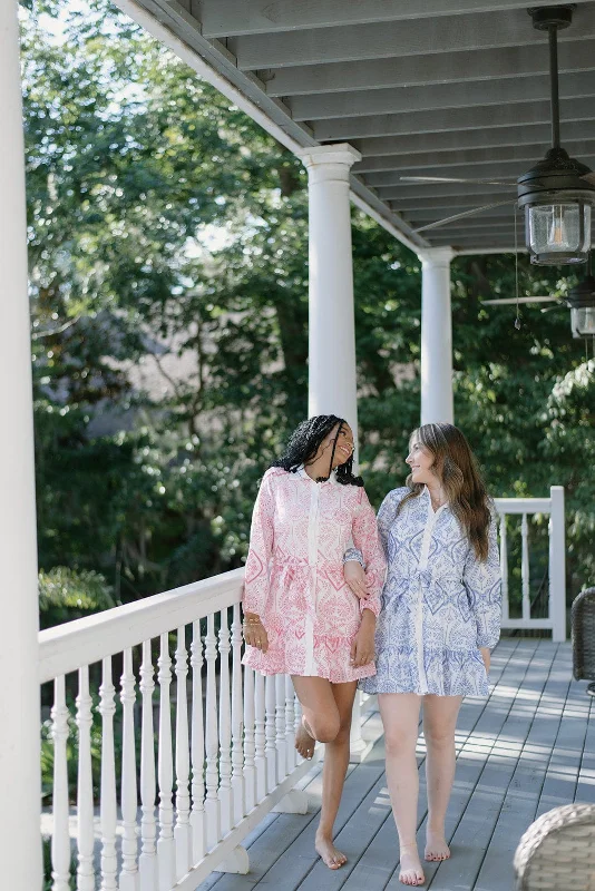 Blue Embroidered Button Up Dress