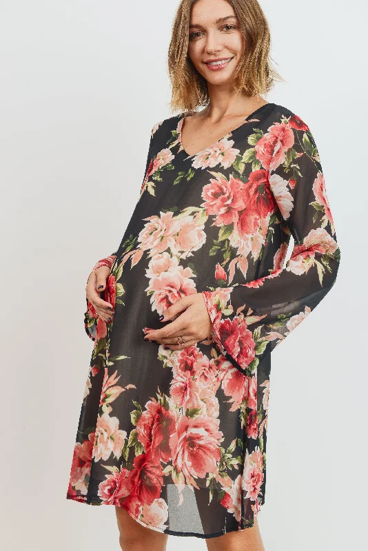 Floral V-Neck Bell Sleeve Chiffon Maternity Dress