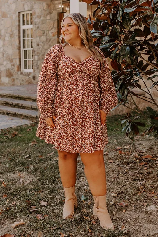 Harvest Cutie Floral Mini Dress in Dark Rust Curves