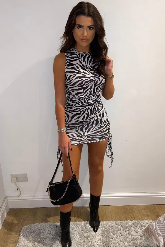 Zebra Print Ribbed Side Ruched Mini Dress - Reni