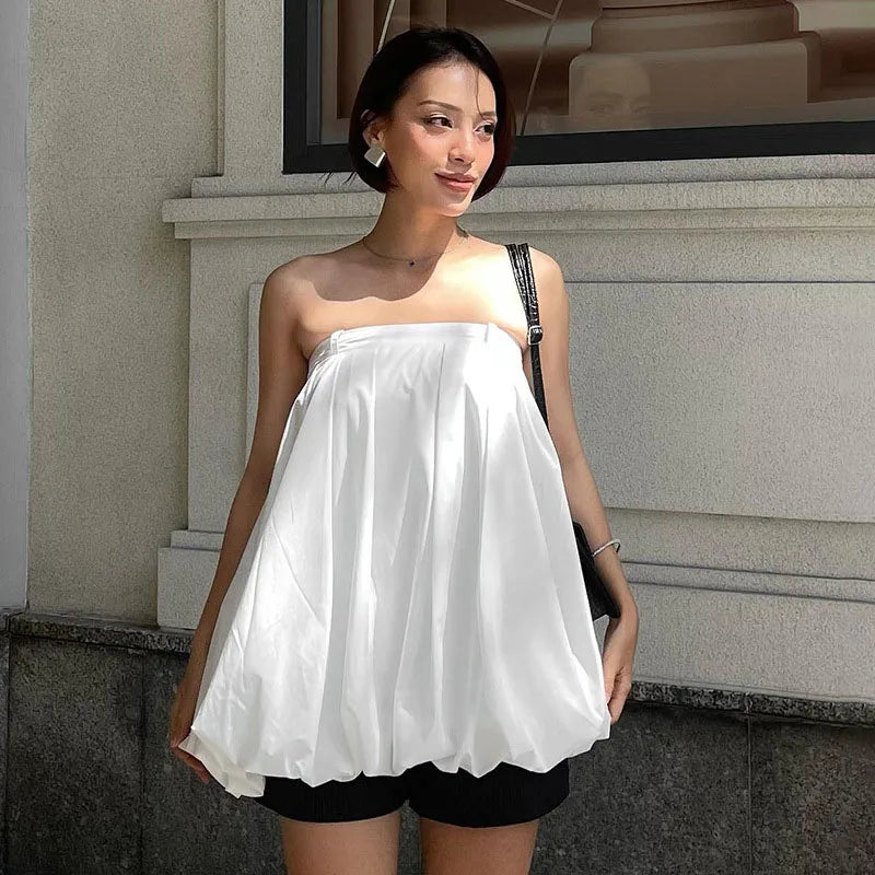 New White Strapless Loose Ruched Backless Splice Casual Mini Dress