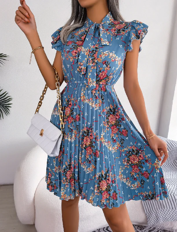 Pleated Floral Printed Tie Neck Knee Length  Short Sleeve Dress