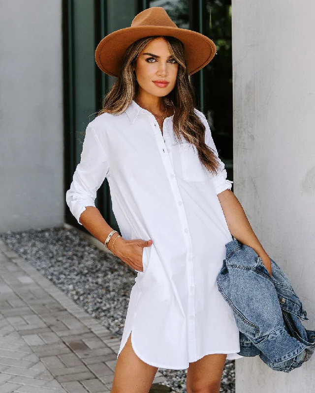 Risky Business Pocketed Button Down Shirt Dress - White