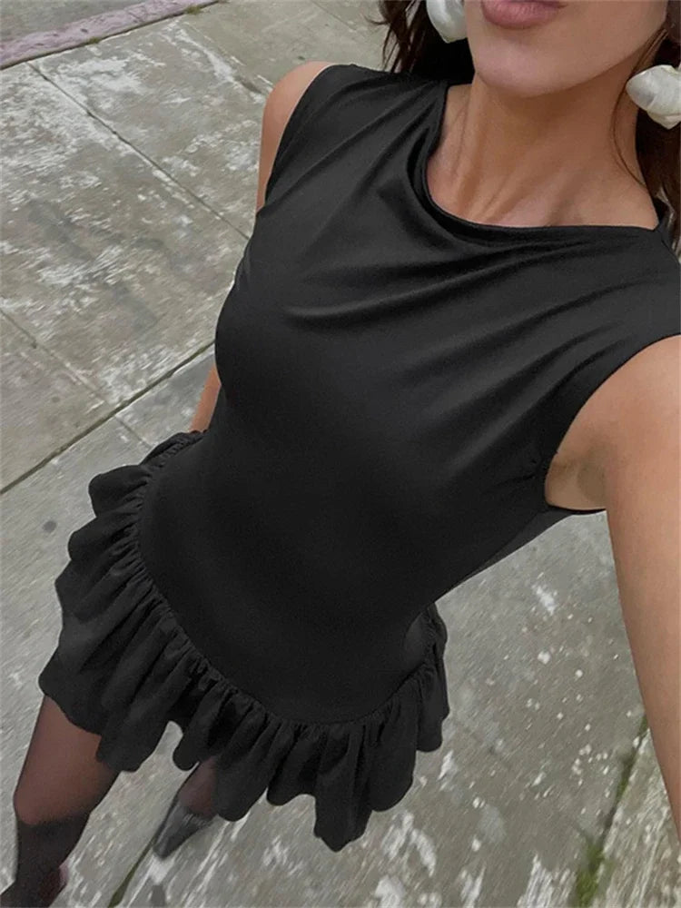 Ruffles Splice Sexy Vest Sleeveless Slim Fit Solid Club Party Mini Dress