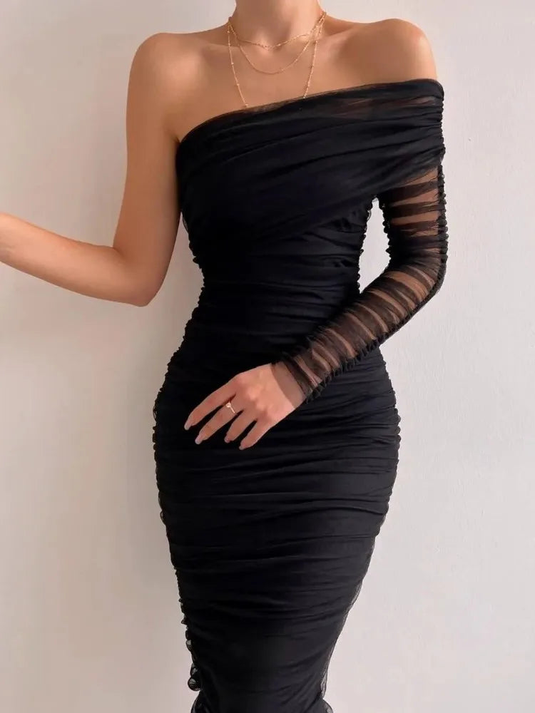 See Through Mesh Fold Sexy Slim Cocktail Wedding Bodycon Off Shoulder Mini Dress