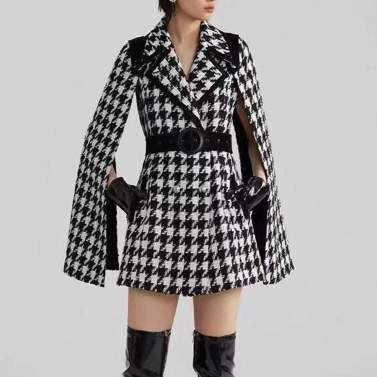 KittenAlarm - Tess Allover Houndstooth Slit Sleeves Mini Dress