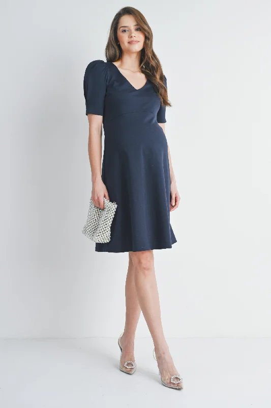 Solid V Neck Short Puff Sleeve Maternity Dress