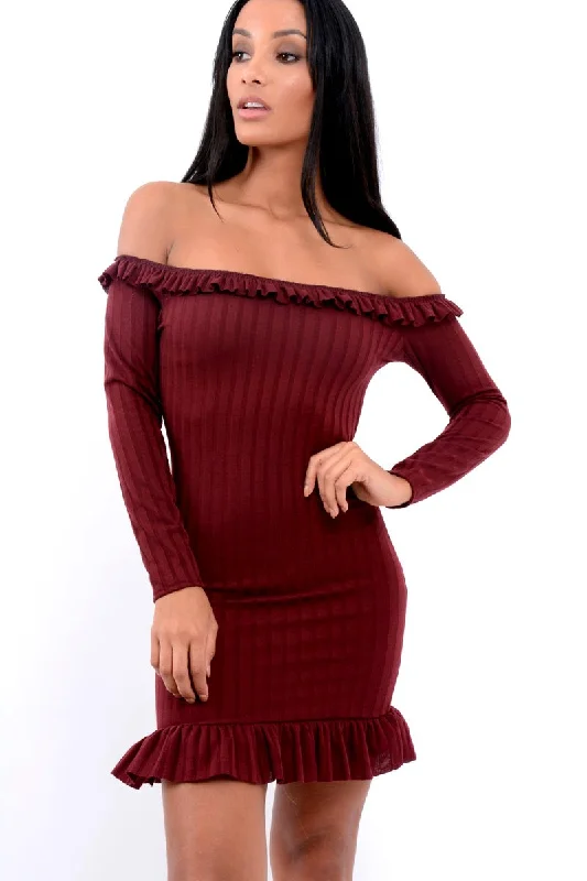 Wine Ruffle Hem Ribbed Bardot Mini Dress - Destiny