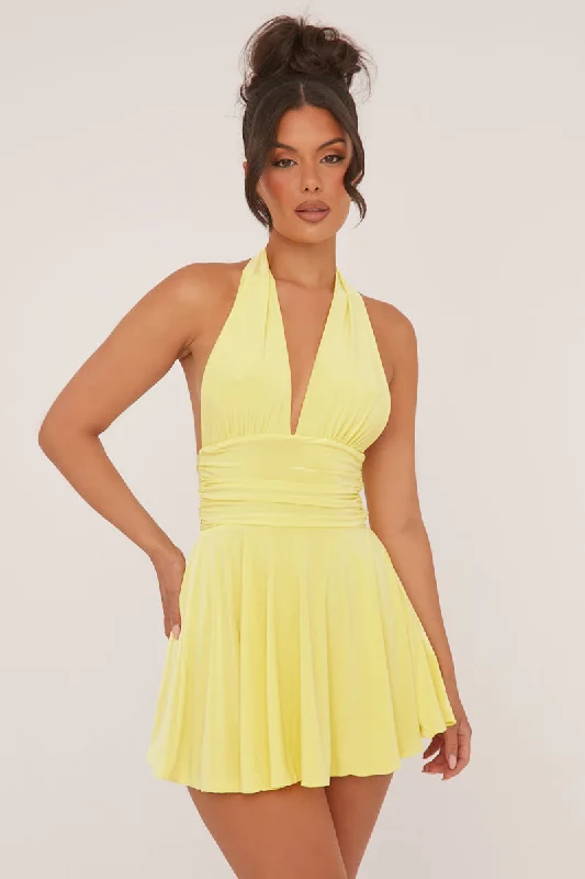 Yellow Halter Plunge Neck Mini Dress - Pippa