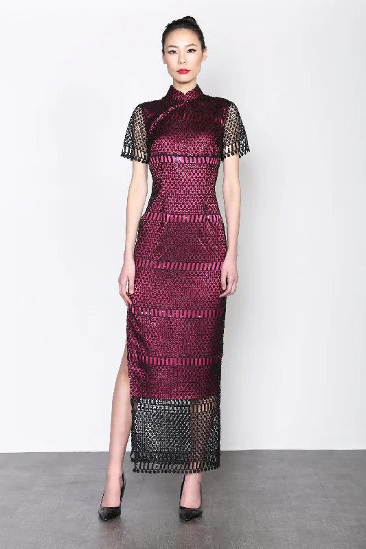 MULBERRY SHORT SLEEVES FULL LENGTH QIPAO WITH  BLACK SEQUINED LACE