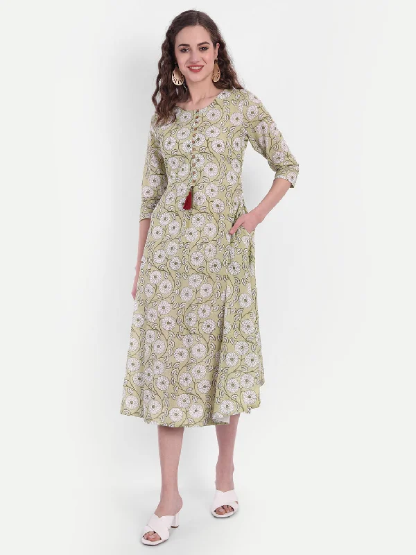 Mul Cotton Floral Print A-Line Long Dress