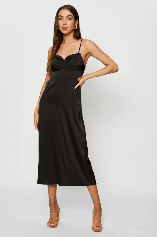 Black Midi Dress Cowl Neck Satin