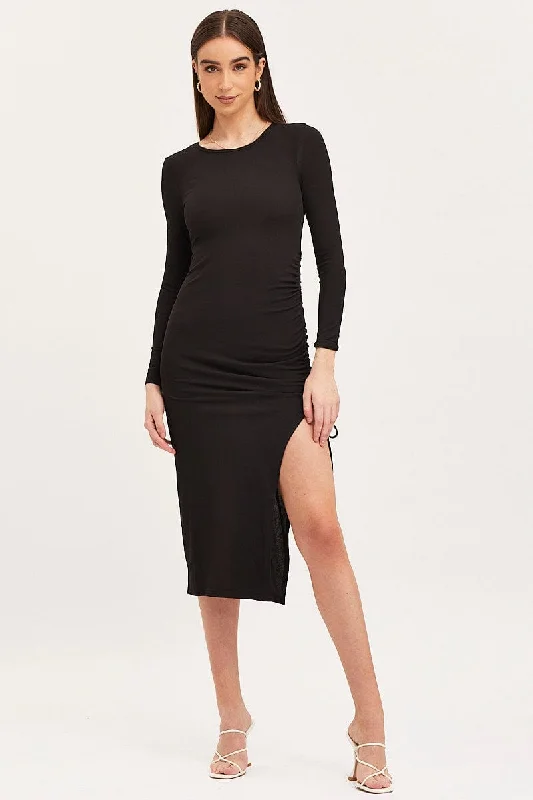 Black Midi Dress Long Sleeve Bodycon