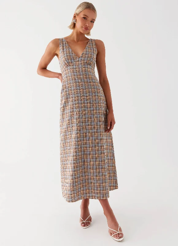 Daphny Gathered Bust Midi Dress - Check