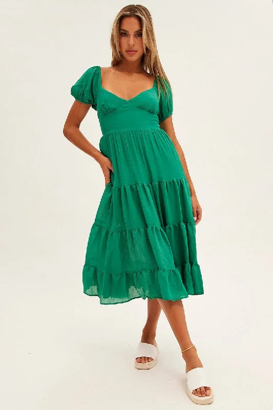 Green Midi Dress Short Sleeve V-Neck