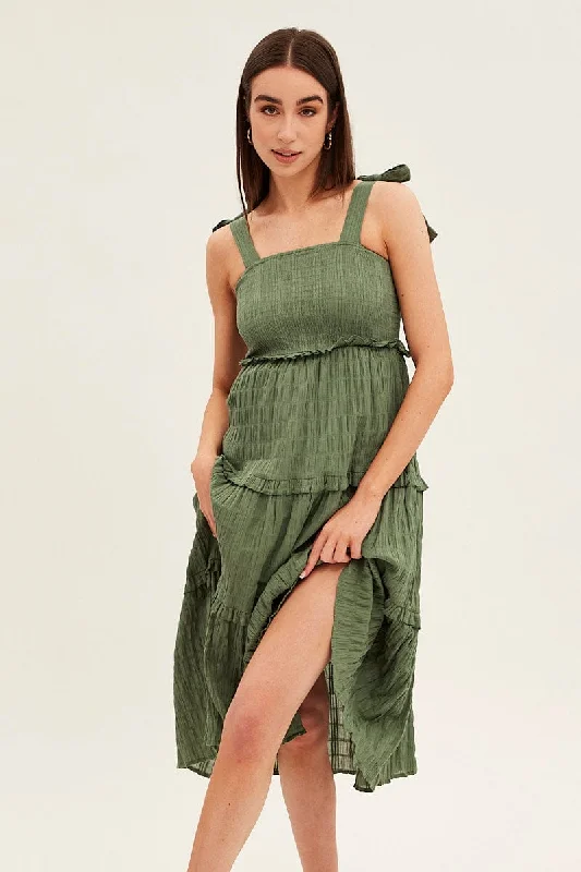 Green Midi Dress Sleeveless Shirred Texture Cotton