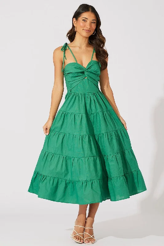 Green Midi Dress Sleeveless Tiered Twist Front