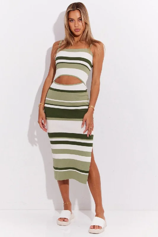 Green Stripe Knit Dress Sleeveless Midi Cut Out