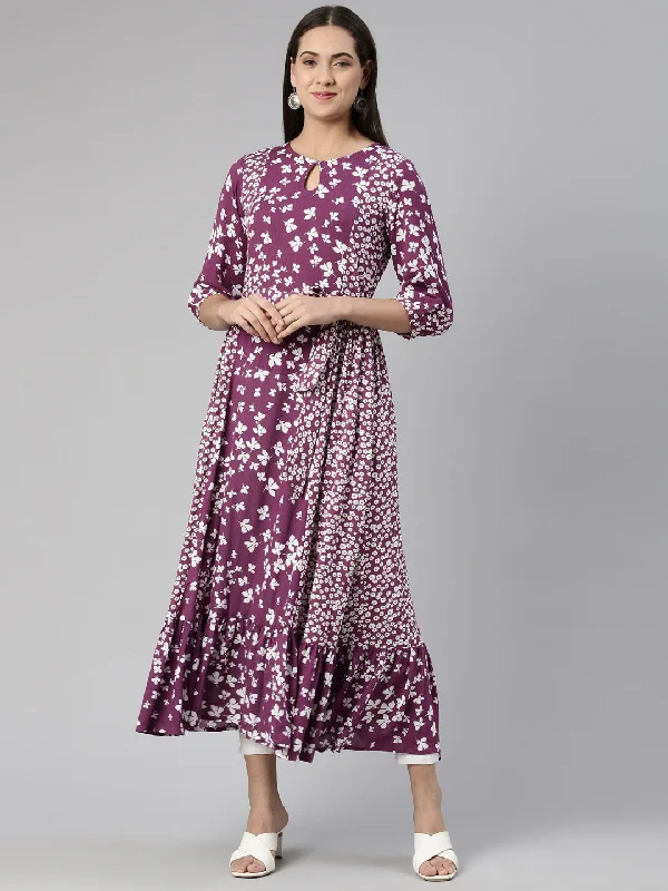 Neeru's Purple Floral Keyhole Neck Chiffon Ethnic A-Line Midi Dress