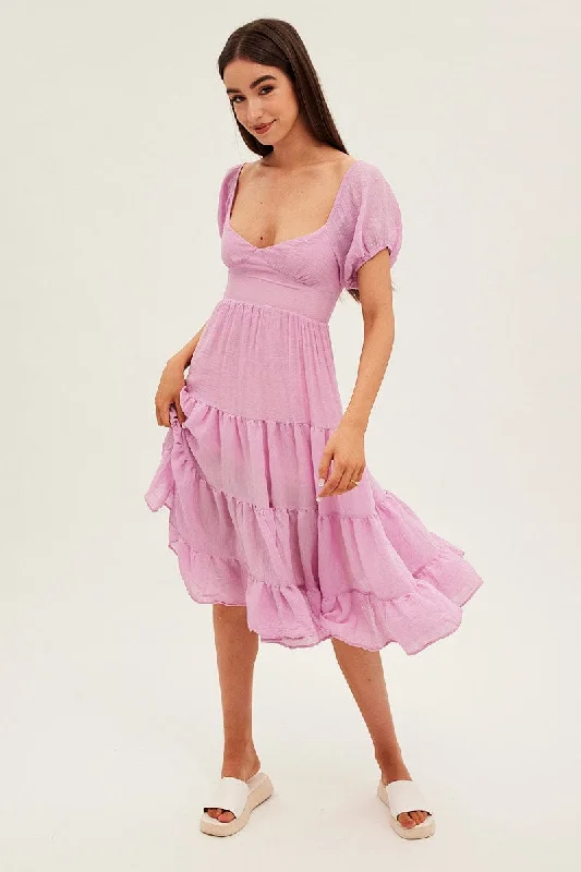 Pink Midi Dress Short Sleeve V-Neck