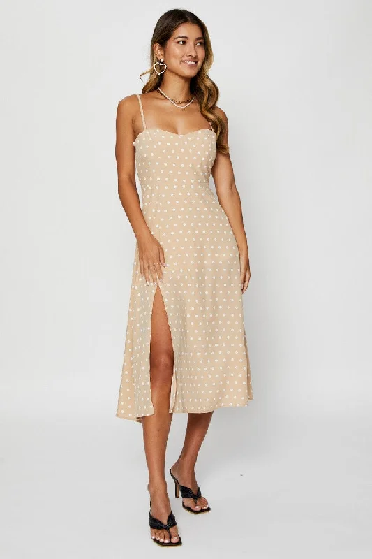 Polka Dot Midi Dress Sleeveless Sweetheart Neckline