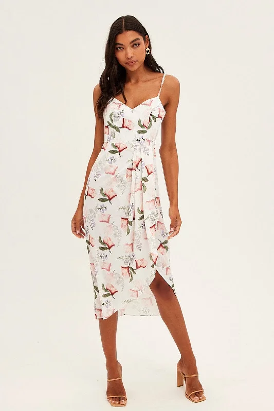 Print Midi Dress Sleeveless V Neck Wrap Floral Print