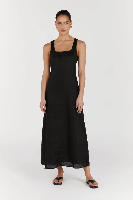 SHANNON BLACK LINEN MIDI DRESS