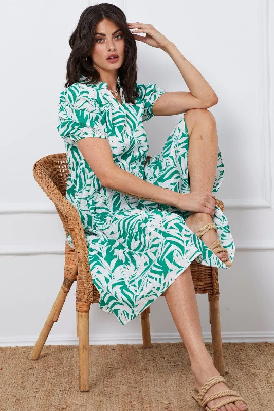 Trop Print Midi Dress Short Sleeve