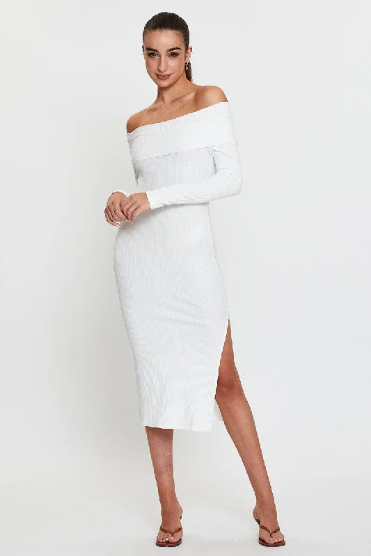 White Midi Dress Off Shoulder Long Sleeve